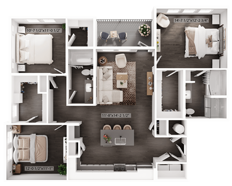 Floor plan for 3 beds, 2 baths, 1326 sqft